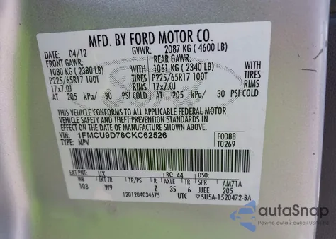 2012 Ford Escape Xlt из США, поврежденный, VIN 1FMCU9D76CKC62526